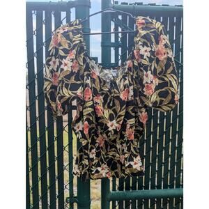 Pretty black linen blend floral print peasant style blouse by Kensie Jeans, L